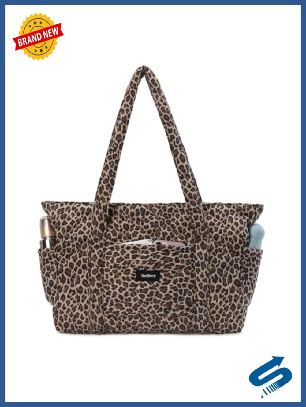 Quilted Leopard Tote Bag Women Cheetah Print Nylon Shoulder Bag Zip Wet Pocket